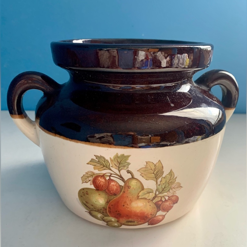 Vintage McCoy Pottery Brown Cream Bean Pot Fruit Design